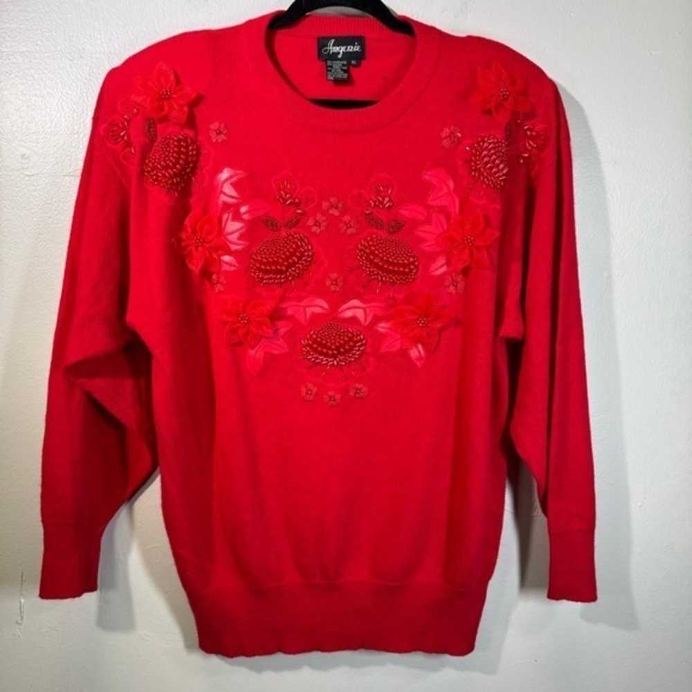 vintage red beaded Christmas sweater XL Hong Kong angora lambswool poinsettia